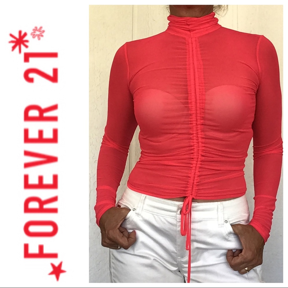 FOREVER 21 NEON CORAL LONG SLEEVED SHEER TOP NWT SMALL